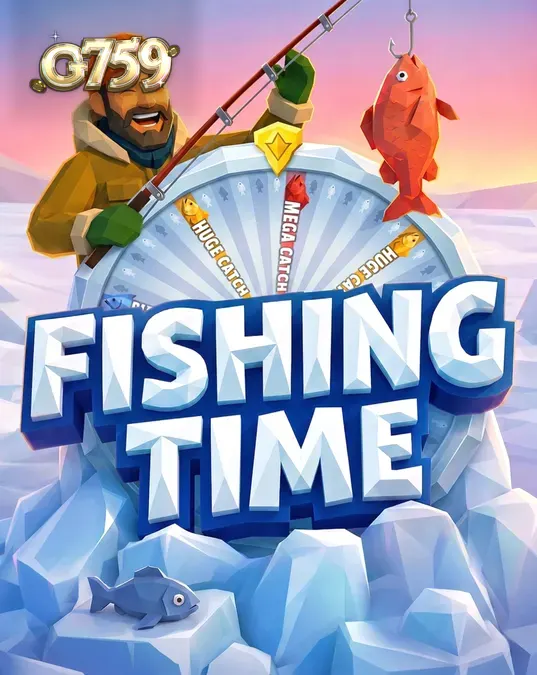 Interface do jogo Fishing Time com a roda de bônus e cenário nórdico
